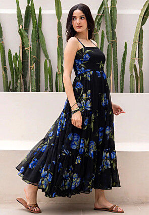 Digital Printed Georgette Tiered Maxi Dress in Black