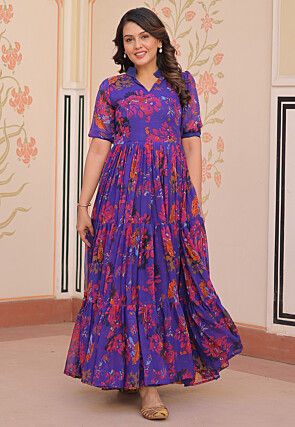 Digital Printed Georgette Tiered Maxi Dress in Blue