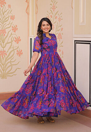 Digital Printed Georgette Tiered Maxi Dress in Blue