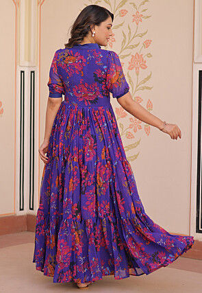 Digital Printed Georgette Tiered Maxi Dress in Blue