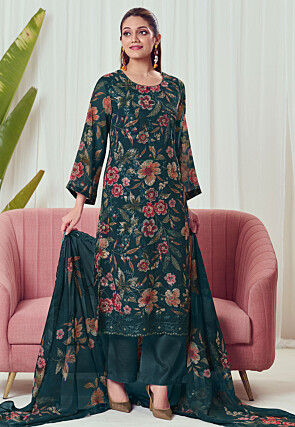 Digital Printed Georgette Pakistani Suit in Teal Green