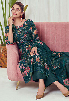 Digital Printed Georgette Pakistani Suit in Teal Green