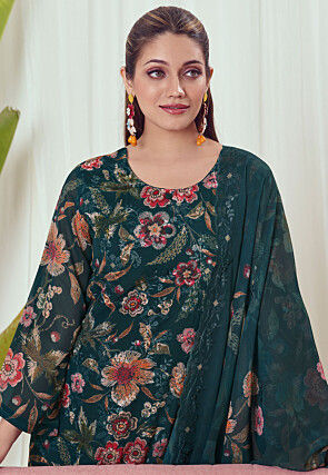 Digital Printed Georgette Pakistani Suit in Teal Green