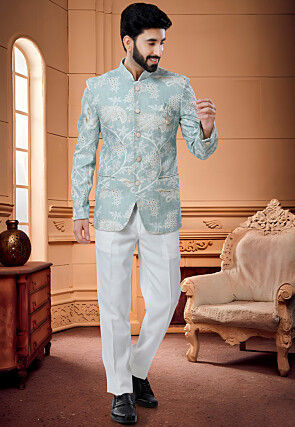 Digital Printed Handloom Cotton Jodhpuri Suit in Light Blue