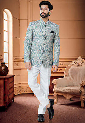 Digital Printed Cotton Jodhpuri Suit in Light Blue 