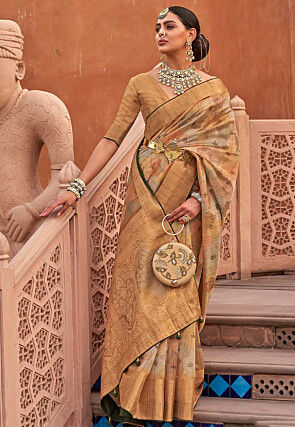 Golden Beige Tissue Silk Saree With Designer Blouse – Zari Banaras