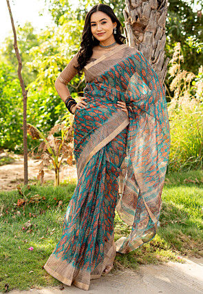 Digital Printed Kota Doriya Saree in Teal Blue