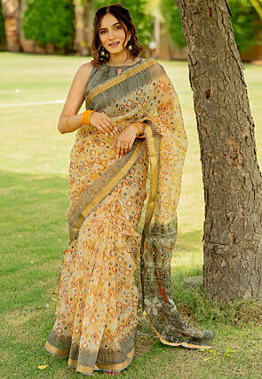 Digital Printed Kota Doriya Saree in Yellow