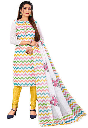 Digital Printed Kota Silk Striaght Cut Suit in Off White