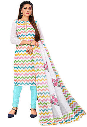 Digital Printed Kota Silk Striaght Cut Suit in Off White