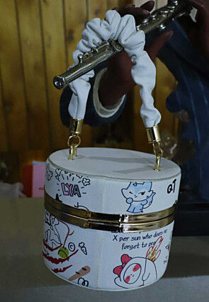 Digital Printed Leather Cylindrical Clutch Bag in White