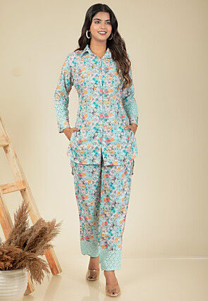 Digital Printed Linen Co Ord Set in Pastel Blue