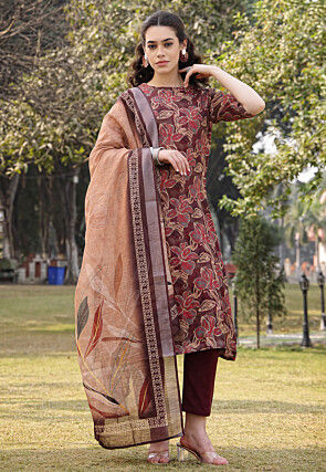 Digital Printed Linen Cotton A Line Suit in Brown