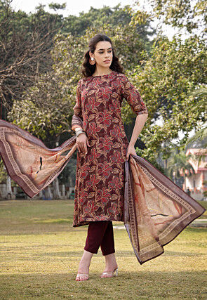 Digital Printed Linen Cotton A Line Suit in Brown