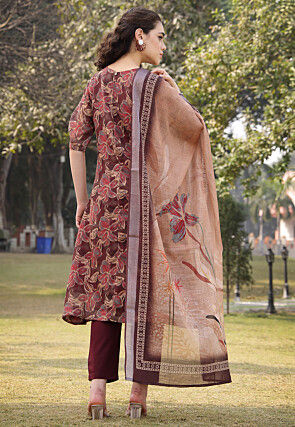 Digital Printed Linen Cotton A Line Suit in Brown