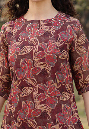 Digital Printed Linen Cotton A Line Suit in Brown