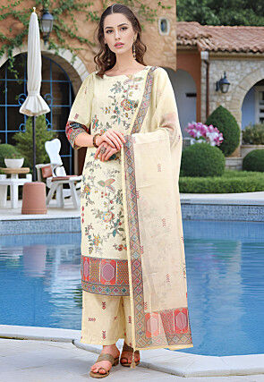 Digital Printed Linen Cotton Pakistani Suit in Light Green