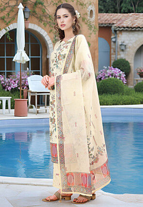 Digital Printed Linen Cotton Pakistani Suit in Light Green