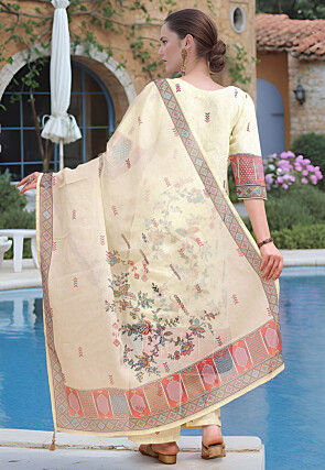 Digital Printed Linen Cotton Pakistani Suit in Light Green