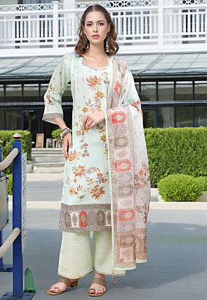 Digital Printed Linen Cotton Pakistani Suit in Light Green