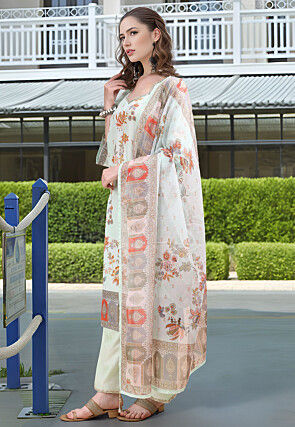 Digital Printed Linen Cotton Pakistani Suit in Light Green