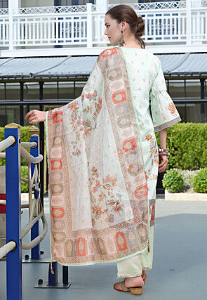 Digital Printed Linen Cotton Pakistani Suit in Light Green