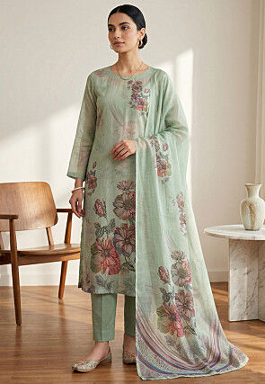 linen dress material online india Powder Green Pure Linen Suit Material (Unstitched)
