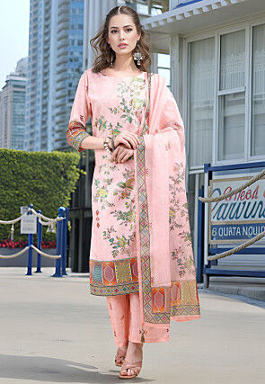 Digital Printed Linen Cotton Pakistani Suit in Light Pink