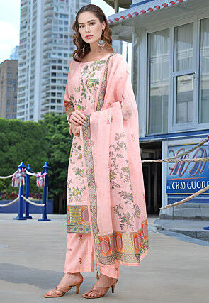 Digital Printed Linen Cotton Pakistani Suit in Light Pink