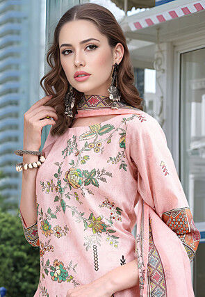 Digital Printed Linen Cotton Pakistani Suit in Light Pink