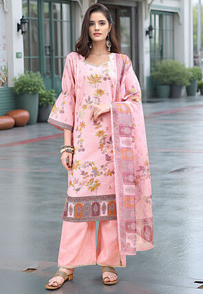 Digital Printed Linen Cotton Pakistani Suit in Light Pink