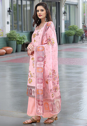 Digital Printed Linen Cotton Pakistani Suit in Light Pink