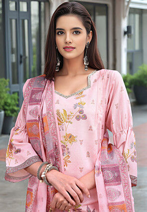 Digital Printed Linen Cotton Pakistani Suit in Light Pink