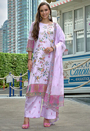 Digital Printed Linen Cotton Pakistani Suit in Light Purple