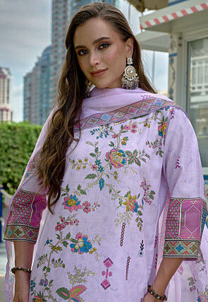 Digital Printed Linen Cotton Pakistani Suit in Light Purple
