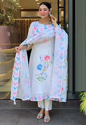 Digital Printed Linen Cotton Pakistani Suit in Off White