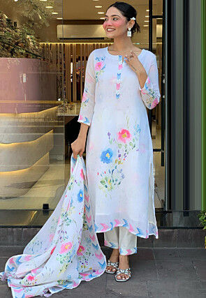 Digital Printed Linen Cotton Pakistani Suit in Off White