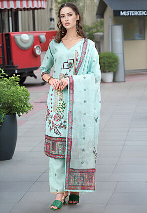 Digital Printed Linen Cotton Pakistani Suit in Sea Green