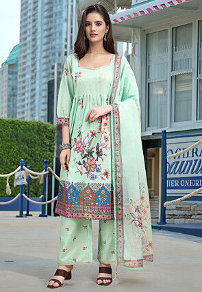Digital Printed Linen Cotton Pakistani Suit in Sea Green