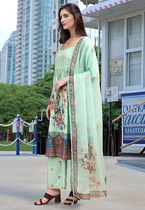 Digital Printed Linen Cotton Pakistani Suit in Sea Green