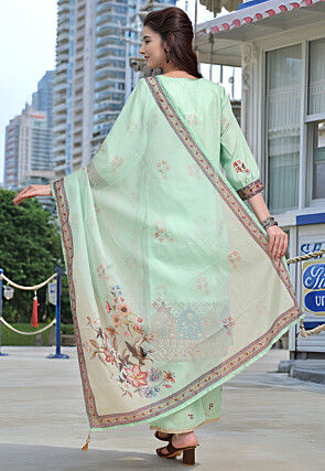 Digital Printed Linen Cotton Pakistani Suit in Sea Green