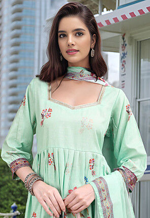 Digital Printed Linen Cotton Pakistani Suit in Sea Green