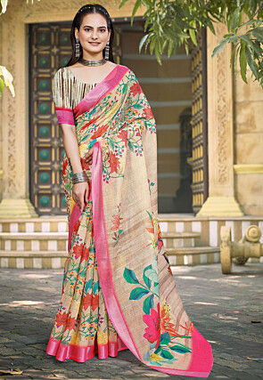 Digital Printed Linen Cotton Saree in Beige