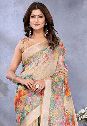 Digital Printed Linen Cotton Saree in Beige