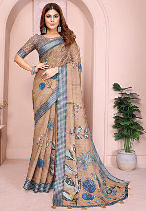 Digital Printed Linen Cotton Saree in Beige