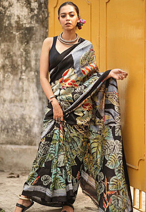 Digital Printed Linen Cotton Saree in Black