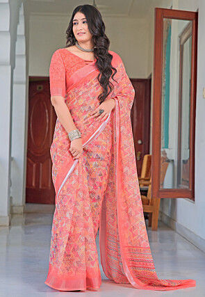 Digital Printed Linen Cotton Saree in Coral Pink