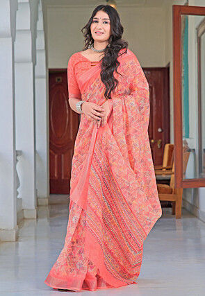 Digital Printed Linen Cotton Saree in Coral Pink