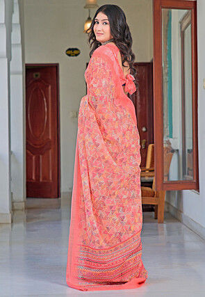 Digital Printed Linen Cotton Saree in Coral Pink