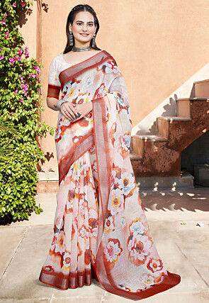 Digital Printed Linen Cotton Saree in Cream